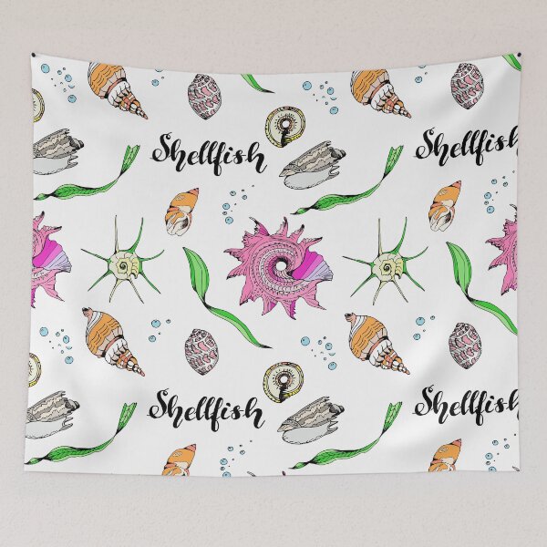 Item preview, Summer Pattern with shells, isolated on white background with text "Shellfish" designed and sold by SASHA-MATBON.
