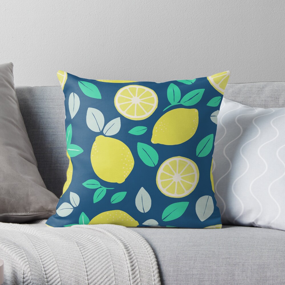 Summer Lemon Pattern in Navy Blue Throw Pillow