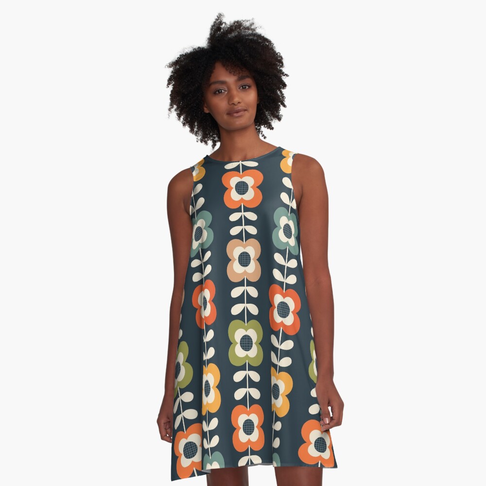 Mod Flowers in Retro Colors on Charcoal A-Line Dress