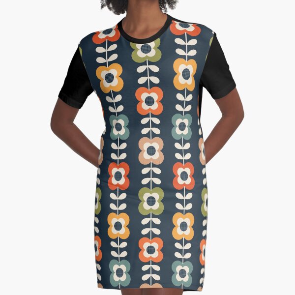 Mod Flowers in Retro Colors on Charcoal Graphic T-Shirt Dress
