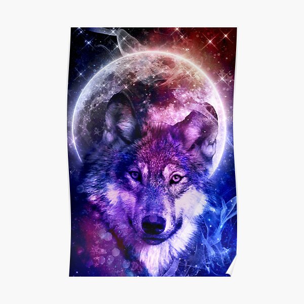 Mystical Wolf Face in Front of the Moon and galaxy Poster