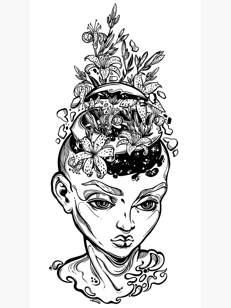 "Portrait of the surreal human with a head open and flowers coming out