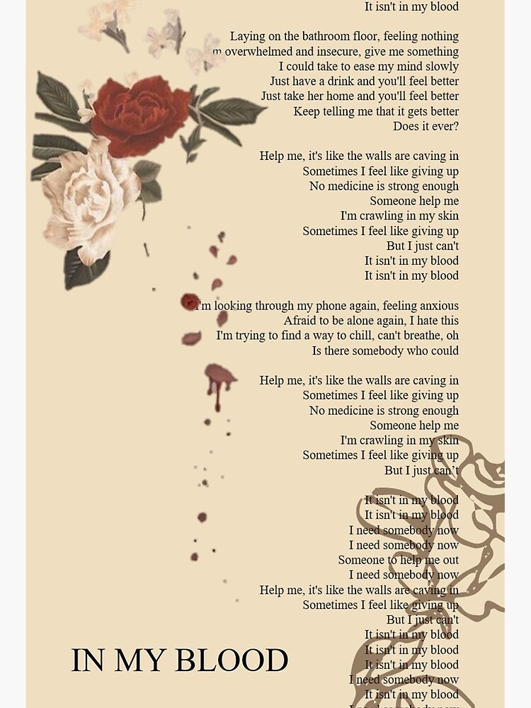 In My Blood Lyrics Poster Art Board Print By Merchal Redbubble