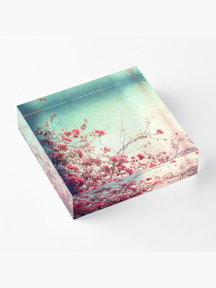 Alternate view of Pink Flowers on a Textured Blue Sky (Vintage Flower Photography) Acrylic Block