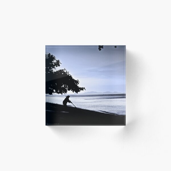 Woman Sweeping Beach Acrylic Block