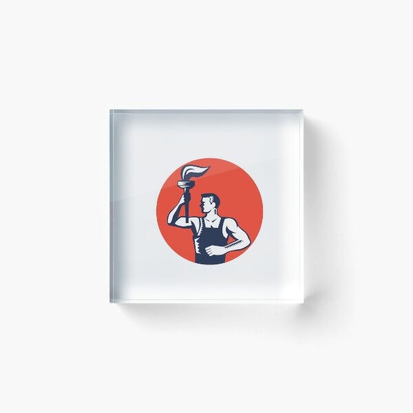 Item preview, Worker Holding Up Flaming Torch Circle Woodcut designed and sold by patrimonio.