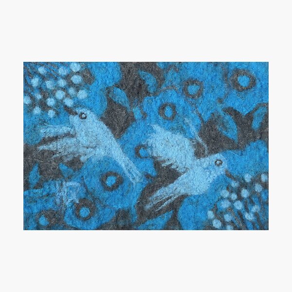 Hummingbirds, Flowers Birds Wool ainting Fiber Art Blue Grey Photographic Print