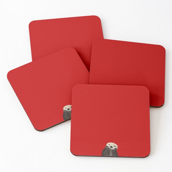 Cute Sea Otter on Red or Pink Solid. Minimalist. Clean. Coastal. Adorable Coasters (Set of 4)
