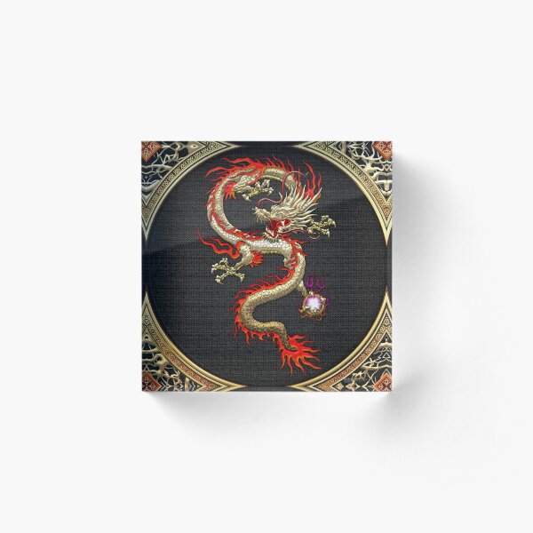 Golden Chinese Dragon Fucanglong on Black Acrylic Block