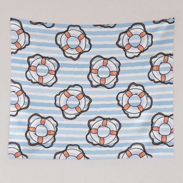 Item preview,  Cute white and red lifering in the ocean cartoon seamless pattern. designed and sold by Limolida.