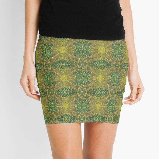 Oak King, Bohemian Arabesque Pattern, Yellow Green Mini Skirt
