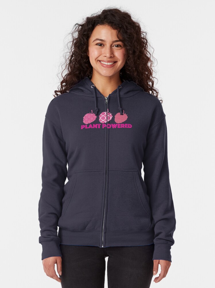 Alternate view of 'Plant Powered' Vegan raspberry design Zipped Hoodie