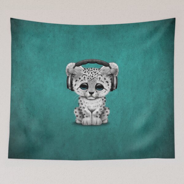 Item preview, Cute Snow leopard Cub Dj Wearing Headphones on Blue designed and sold by JeffBartels.