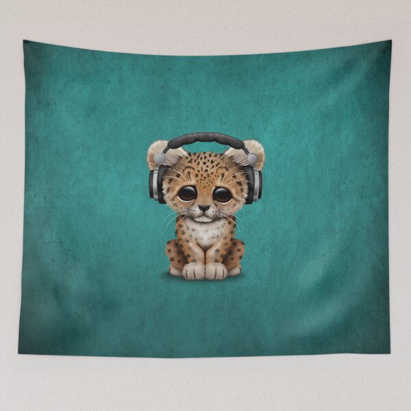 Item preview, Cute Leopard Cub Dj Wearing Headphones on Blue designed and sold by JeffBartels.