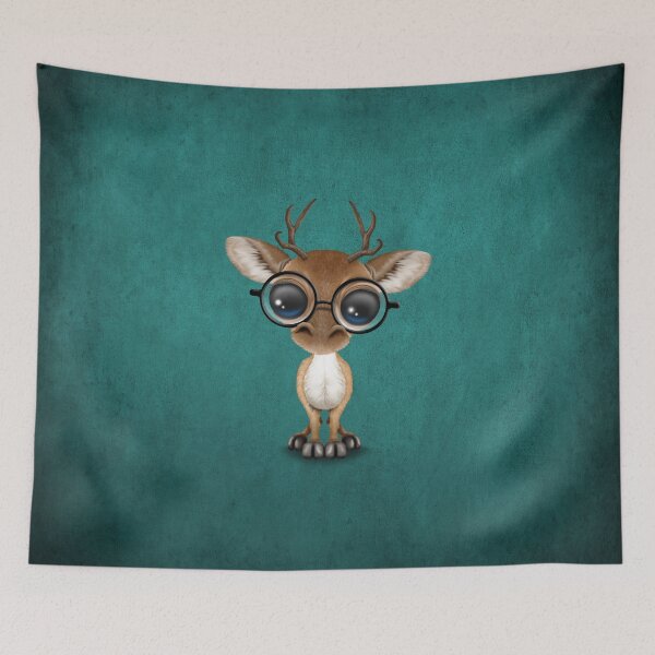 Aperçu de l'œuvre Cute Curious Nerdy Baby Deer Wearing Glasses on Teal Blue créée et vendue par JeffBartels.