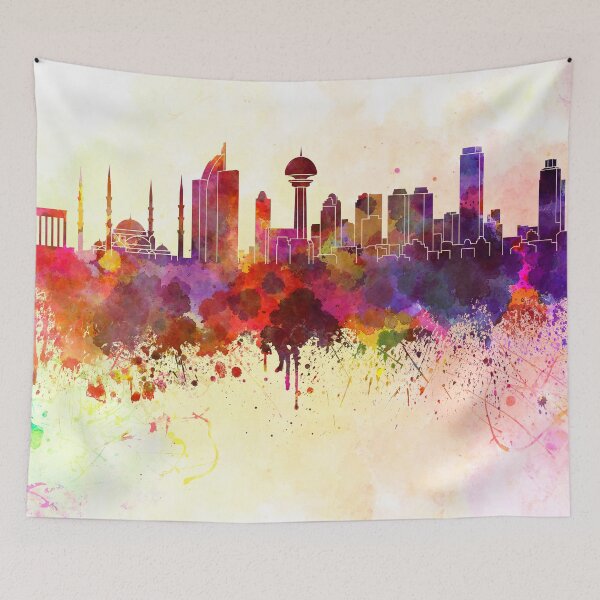 Aperçu de l'œuvre Skyline d'Ankara à fond aquarelle créée et vendue par paulrommer.