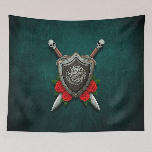 Item preview, Shield with Chinese Dragon, Roses and Crossed Swords on Blue designed and sold by JeffBartels.