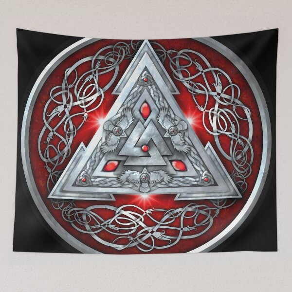 Aperçu de l'œuvre Bouclier nordique Valknut Triskele en argent et rouge créée et vendue par Naumaddic Arts.