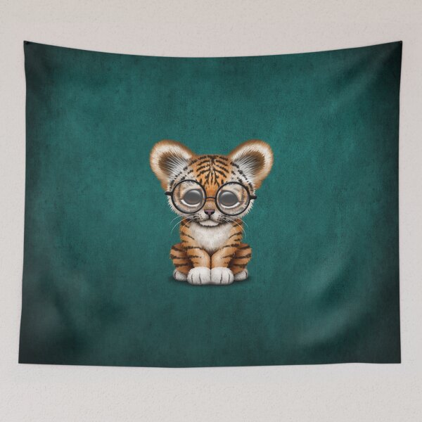 Item preview, Cute Baby Tiger Cub Wearing Glasses on Teal Blue designed and sold by JeffBartels.