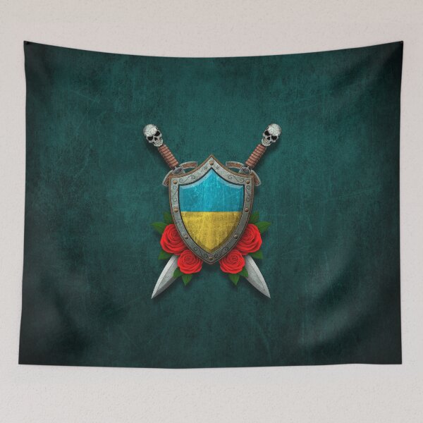 Item preview, Ukrainian Flag on a Worn Shield and Crossed Swords designed and sold by JeffBartels.