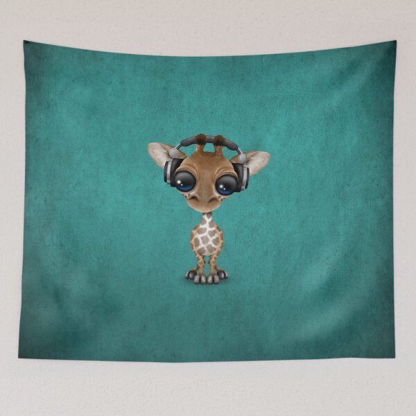 Aperçu de l'œuvre Cute Baby Giraffe Dj Wearing Headphones on Blue créée et vendue par JeffBartels.