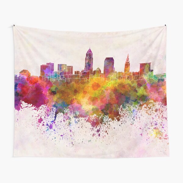 Cleveland skyline in watercolor background Tapestry