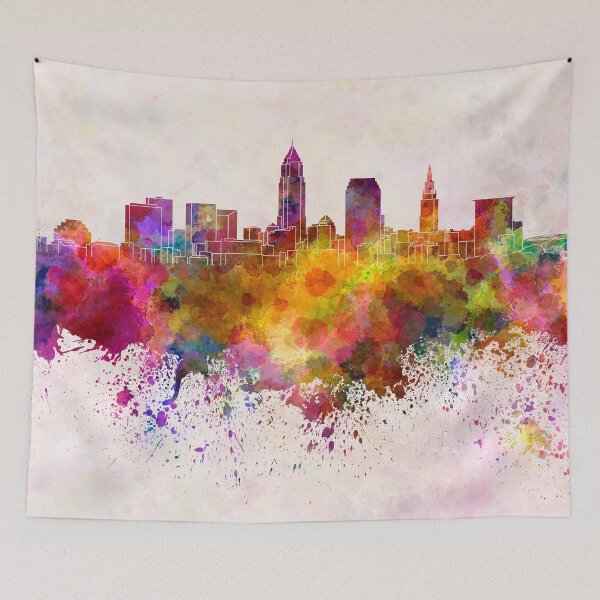 Item preview, Cleveland skyline in watercolor background designed and sold by paulrommer.