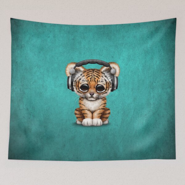 Item preview, Cute Tiger Cub Dj Wearing Headphones on Blue designed and sold by JeffBartels.