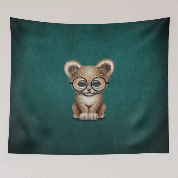 Item preview, Cute Baby Lion Cub Wearing Glasses on Teal Blue designed and sold by JeffBartels.