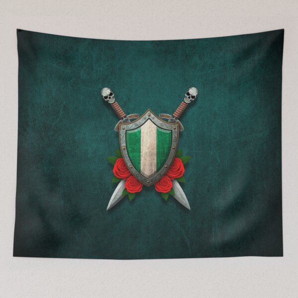 Item preview, Nigerian Flag on a Worn Shield and Crossed Swords designed and sold by JeffBartels.