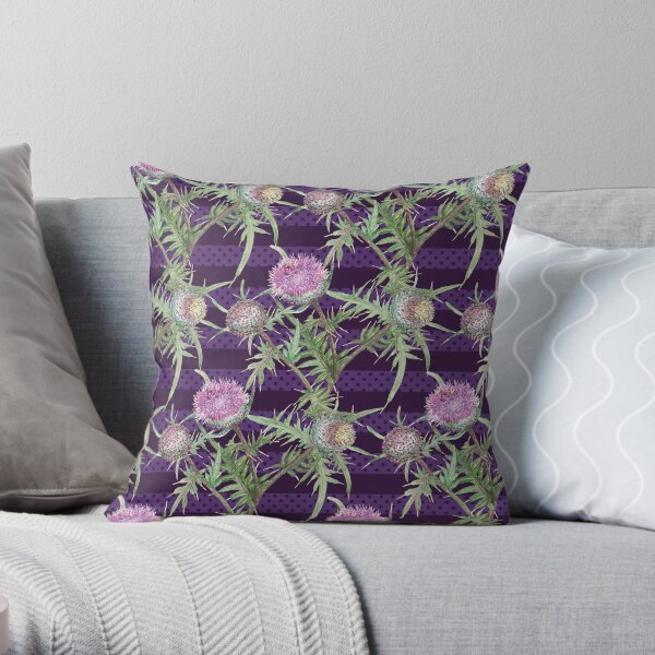 Thistle violet flowers and purple stripes Throw Pillow