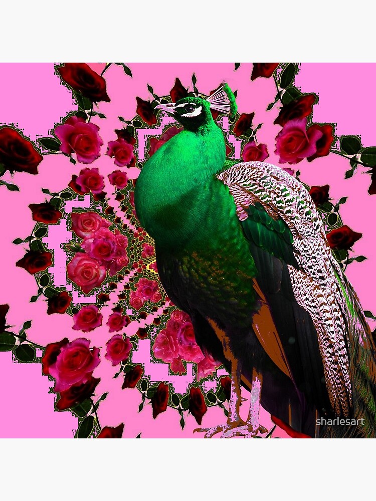 PINK ART DECO GREEN PEACOCK PINK ROSES ART by sharlesart