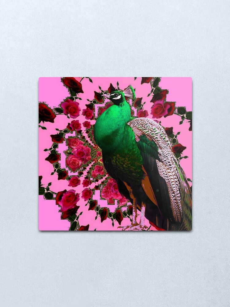 Alternate view of PINK ART DECO GREEN PEACOCK PINK ROSES ART Metal Print