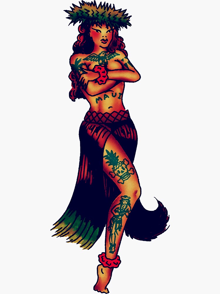 Thumbnail 3 of 3, Sticker, Hula Girl Pinup Tattoo designed and sold by JamesShannon.