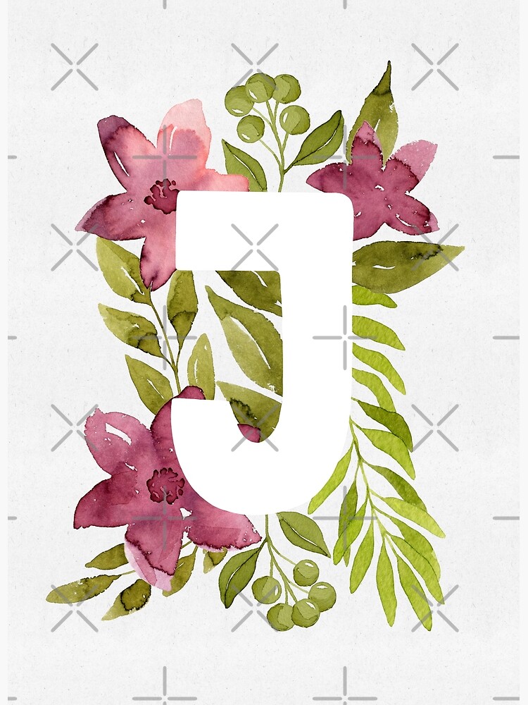 Letter J in watercolor flowers and leaves. Floral monogram