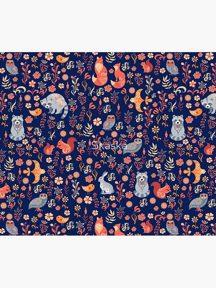 Fairy-tale forest. Fox, bear, raccoon, owls, rabbits, flowers and herbs on a white background. Seamless pattern. by Skaska