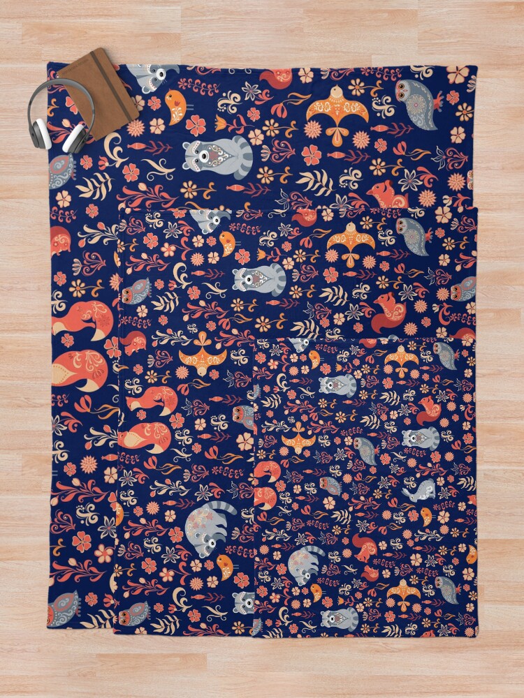 Alternate view of Fairy-tale forest. Fox, bear, raccoon, owls, rabbits, flowers and herbs on a white background. Seamless pattern. Throw Blanket