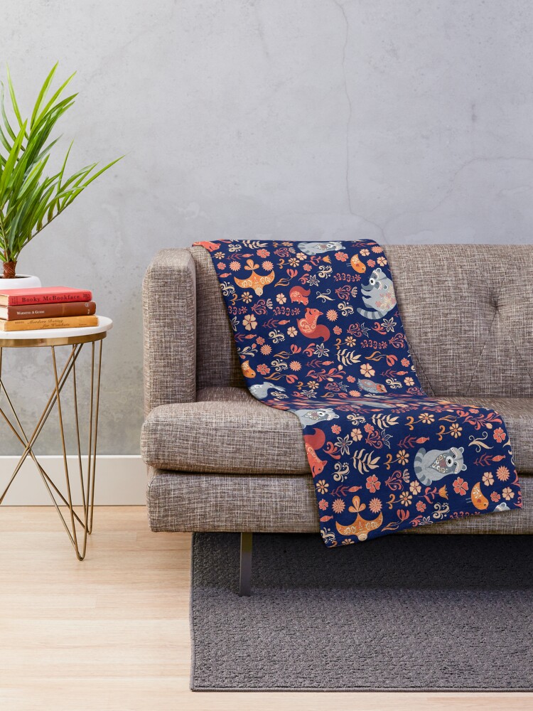 Alternate view of Fairy-tale forest. Fox, bear, raccoon, owls, rabbits, flowers and herbs on a white background. Seamless pattern. Throw Blanket