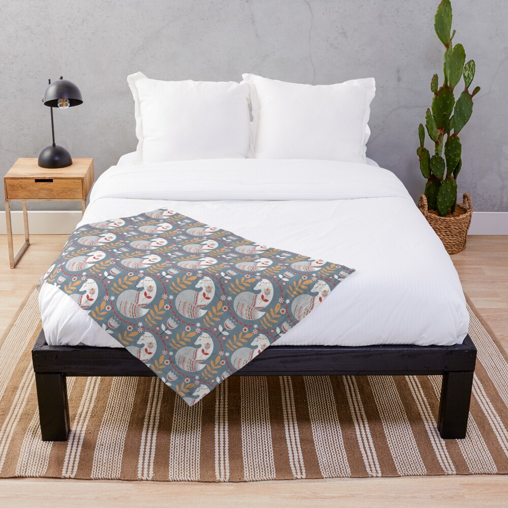 Seamless pattern with foxes and flowers on a grey background. The Scandinavian style. Throw Blanket