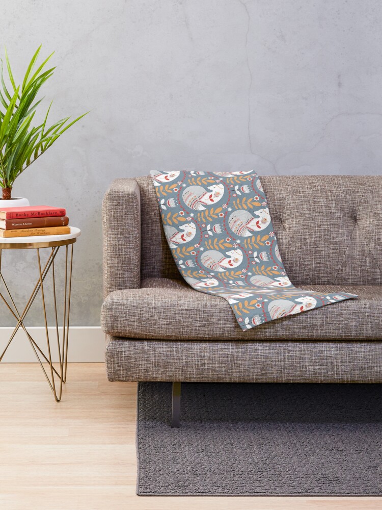 Alternate view of Seamless pattern with foxes and flowers on a grey background. The Scandinavian style. Throw Blanket
