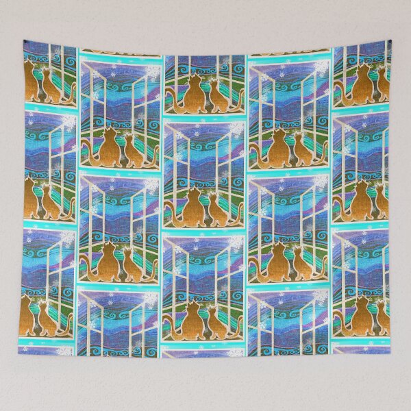 Item preview, Cats Looking Out The Window Blue with Snowflakes designed and sold by PaniaBrown.