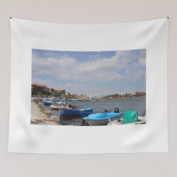 Item preview, port with boats Nessebar cityscape Bulgaria summer season designed and sold by goceris.