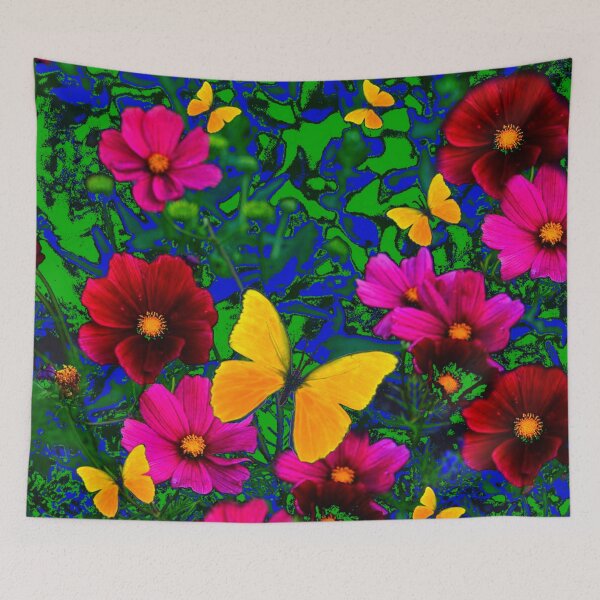 Item preview, FLUTTERING YELLOW BUTTERFLIES FUCHSIA FLOWERS GREEN GARDEN designed and sold by sharlesart.