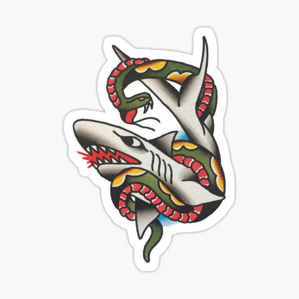 Traditional Shark and Snake in Battle Tattoo Design Sticker