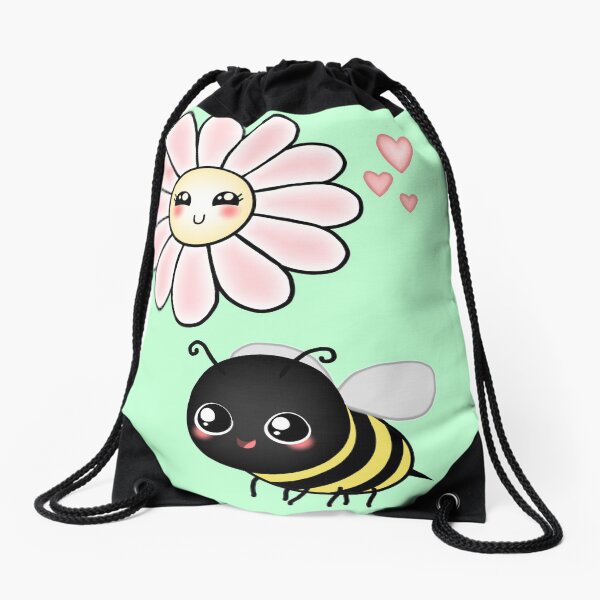 Kawaii Bumble Bee & Kawaii Daisy | Pink Blossom Flower Drawstring Bag