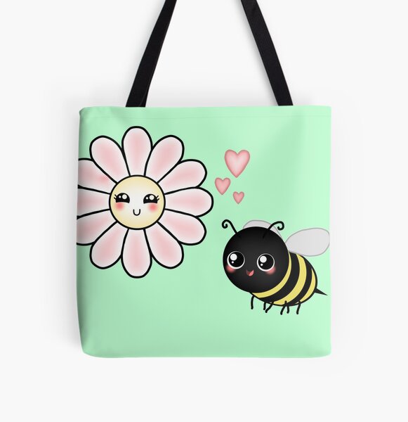 Kawaii Bumble Bee & Kawaii Daisy | Pink Blossom Flower All Over Print Tote Bag