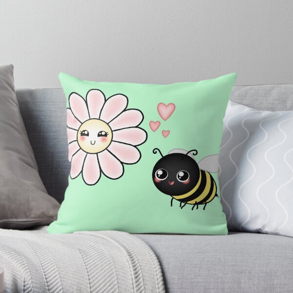 Kawaii Bumble Bee & Kawaii Daisy | Pink Blossom Flower Throw Pillow
