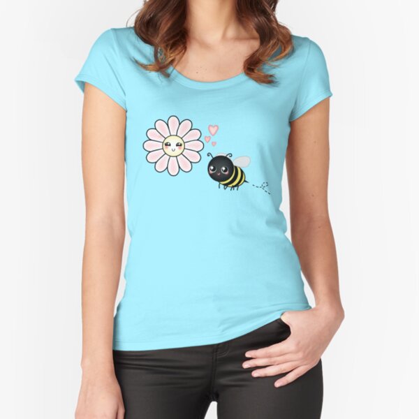 Kawaii Bumble Bee & Kawaii Daisy | Pink Blossom Flower Fitted Scoop T-Shirt