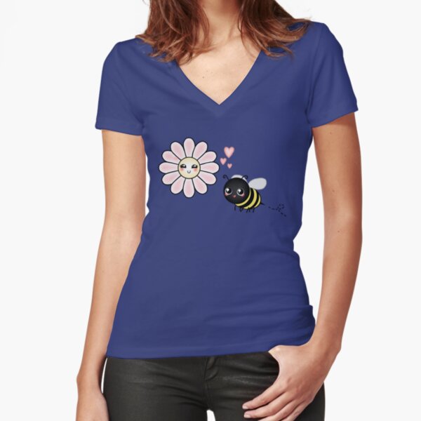 Kawaii Bumble Bee & Kawaii Daisy | Pink Blossom Flower Fitted V-Neck T-Shirt
