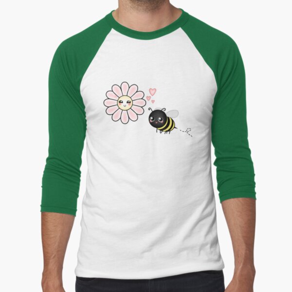 Kawaii Bumble Bee & Kawaii Daisy | Pink Blossom Flower Baseball ¾ Sleeve T-Shirt